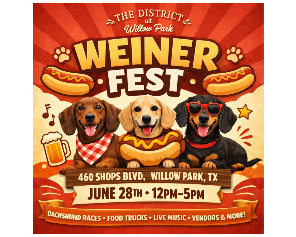 Promotional poster for Weiner Fest at The District at Willow Park featuring cartoon dogs and event details.