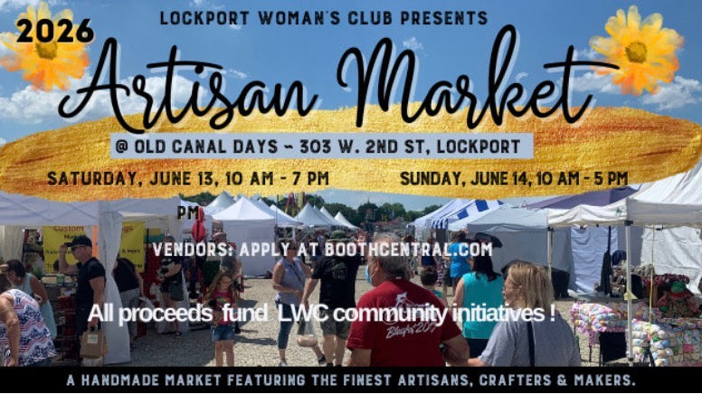 Advertisement for the Lockport Woman's Club Artisan Market with event details and a scenic background.