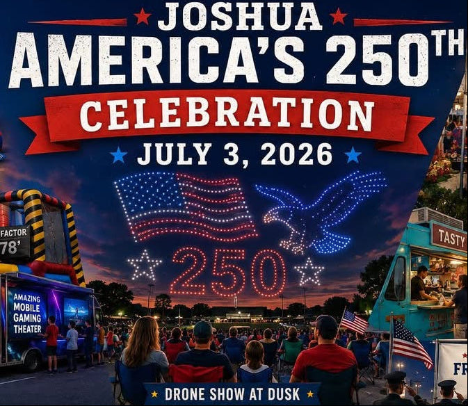 Promotional poster for Joshua's 250th America's Celebration event with various attractions and activities.