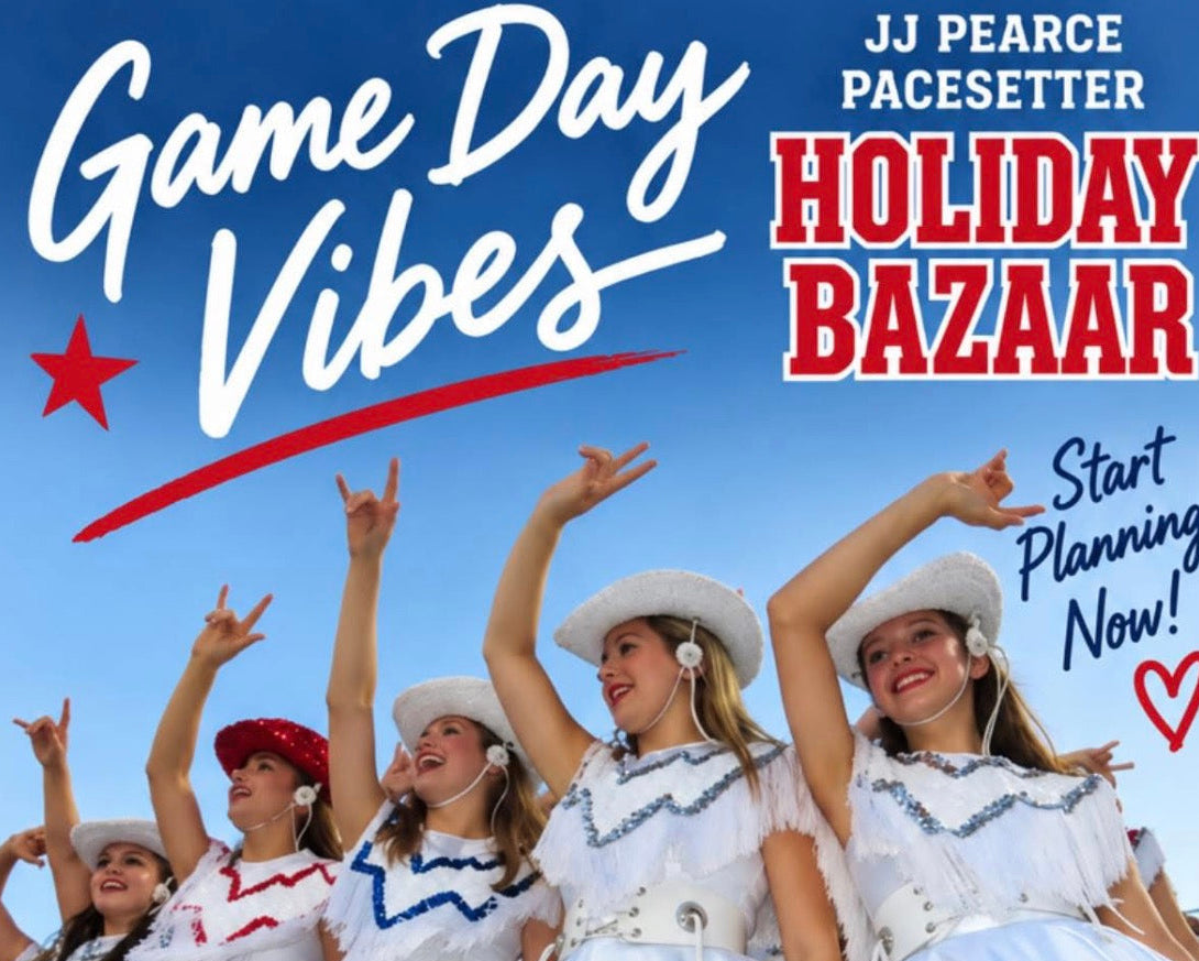 Promotional poster for 'Holiday Bazaar' by JJ Pearce Pacesetter, featuring a group of women in white holiday cheer outfits with red and blue trim dancing against a blue sky. The text reads 'Game Day Vibes' and 'Holiday Bazaar' with event details at the bottom.