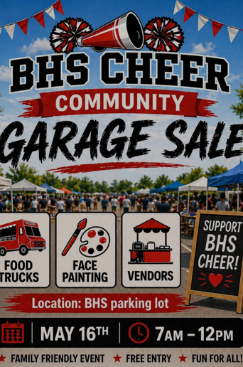 Promotional poster for BHS Cheer Community Garage Sale with event details.